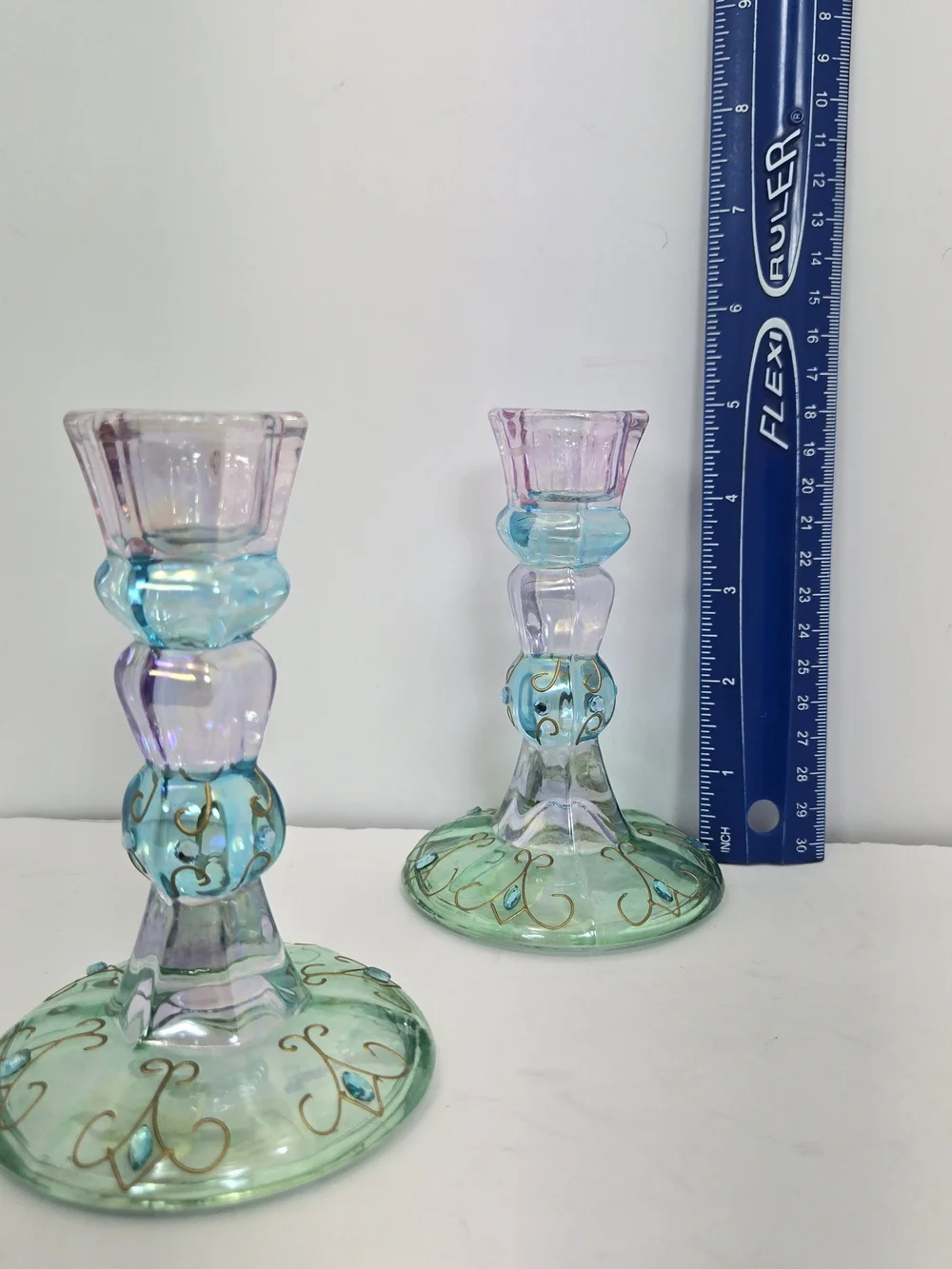 PartyLite Mardi Gras Taper Candle holder Pair Iridescent Purple, Blue, Green - Picture 5 of 5